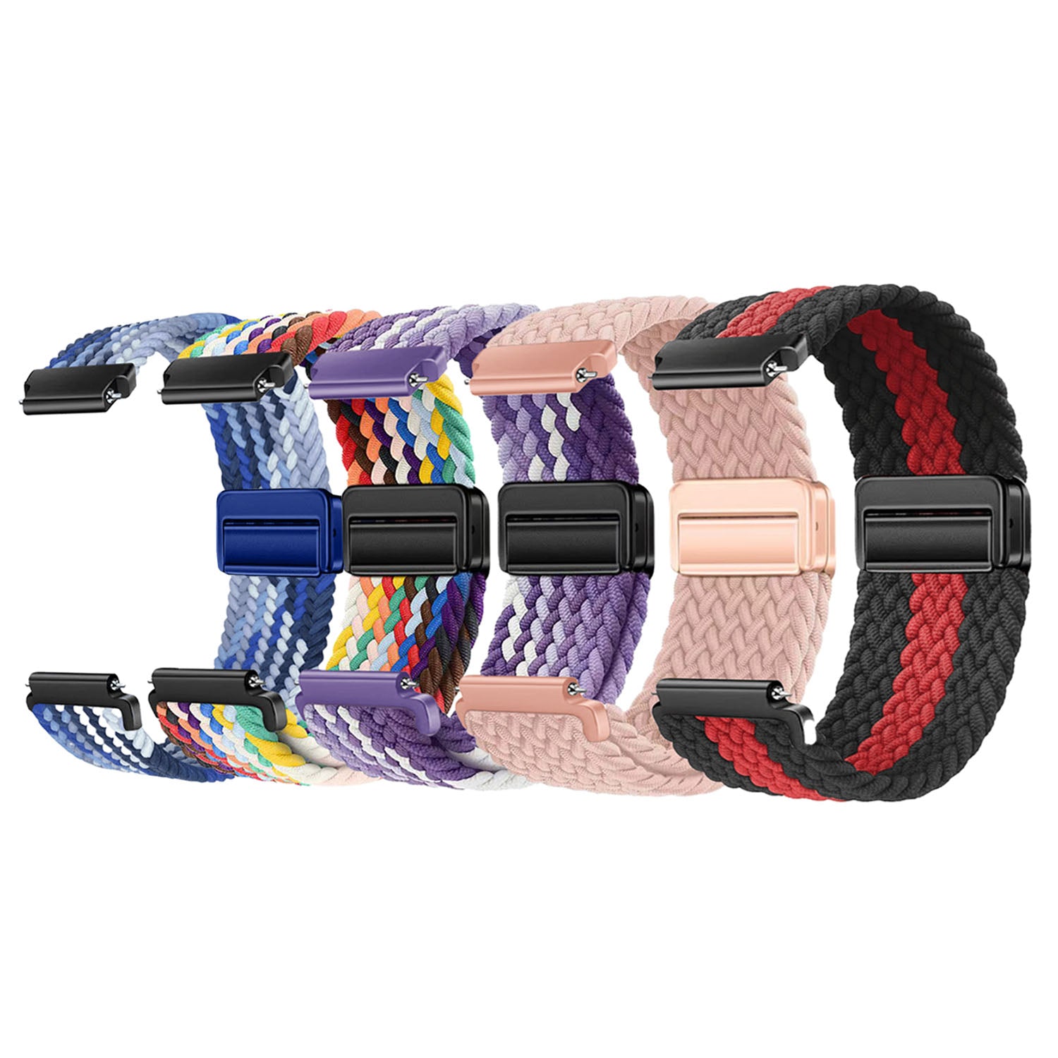 Set of colorful woven Pavlok watch straps on a white background