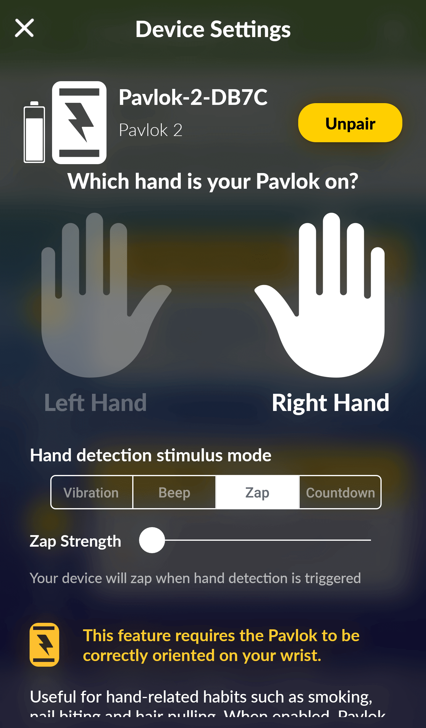 Pavlok Application: Device Settings